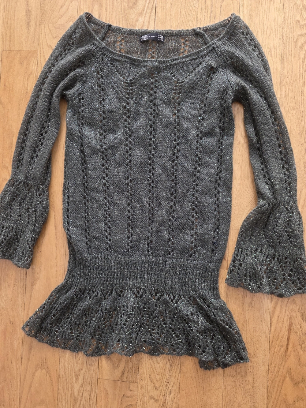 Zara Dark Green Open-Knit Scoop Neck Sweater with Bell Sleeves